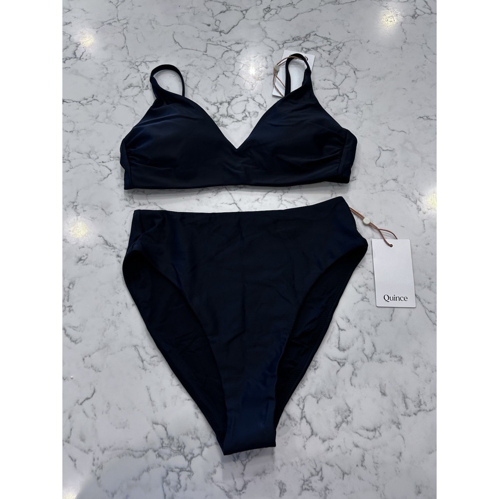 NWT Quince Black Italian V Neck Cut Bikini Top & High Rise Bottoms Size Small
